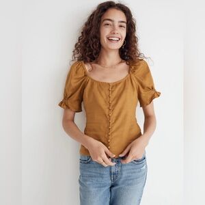 madewell Button-Front Smocked-Back Top bronzed lichen size 0